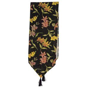 Waverly Orchid Tropical Hawaiian Black Floral Table Runner With Tassels READ
